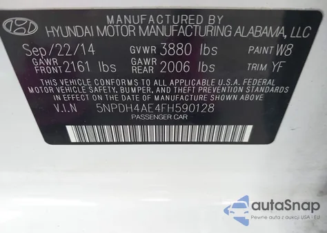 2015 Hyundai Elantra Se z USA, uszkodzony, nr VIN 5NPDH4AE4FH590128